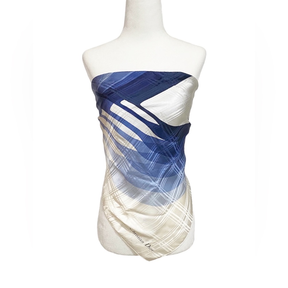 AUTHENTICATED DIOR Silk Scarf D Logo Navy Blue White Top Bandana Bag Sarong